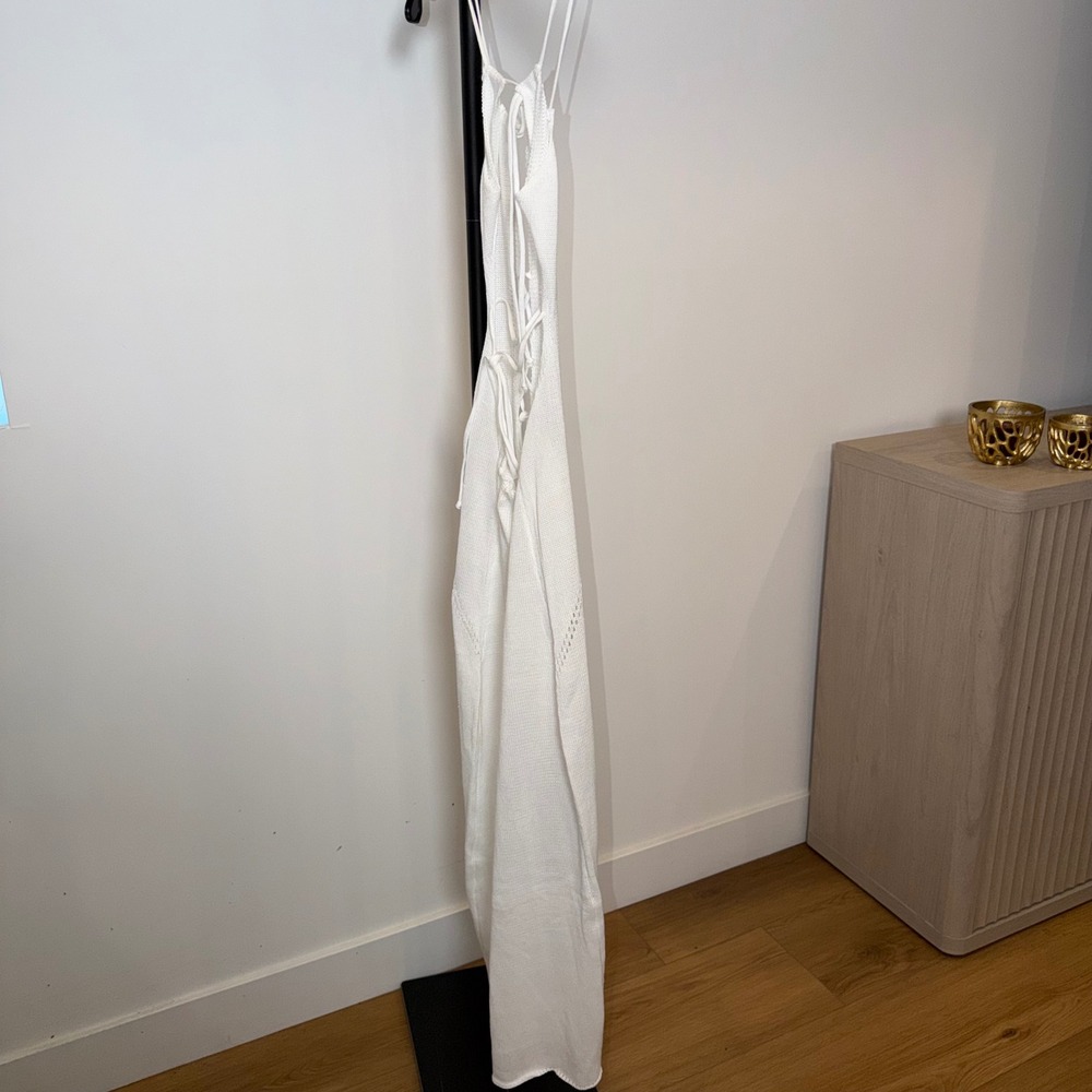 White Knit Lace Up Front Cut Out Maxi Dress Sexy Beach Cover Up Sleeveless M - Picture 6 of 8